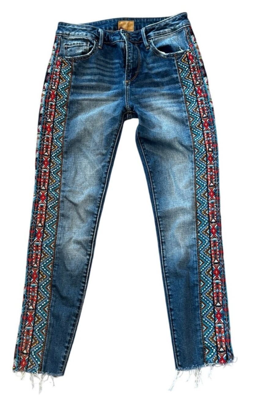 Driftwood Jackie Embroidered Aztec Beaded Skinny Jeans Size 26 Boho Raw Hem